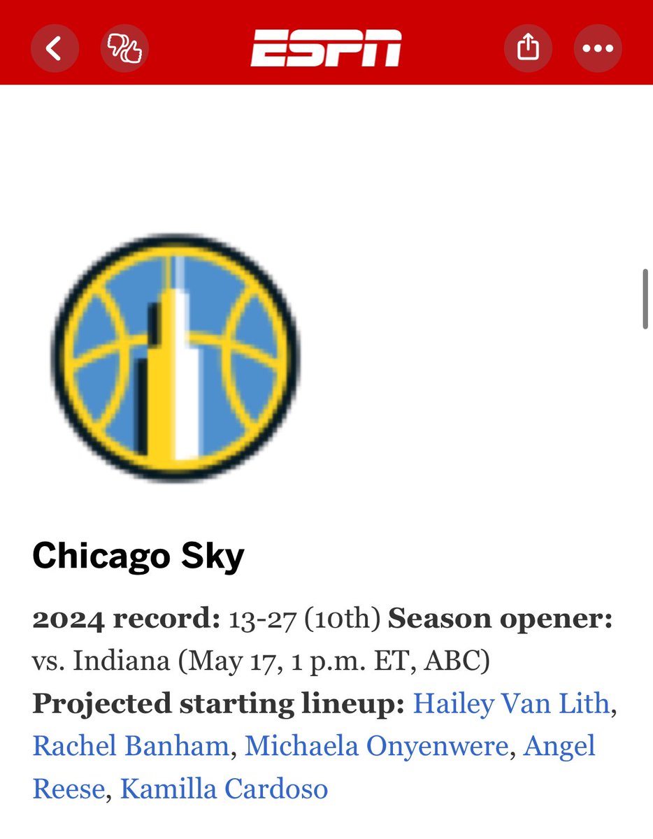 CC22_clark's tweet image. ESPN doesn’t think Courtney Vandersloot or Ariel Atkins are starting for the Sky 😭😭
This is insanely bad analysis