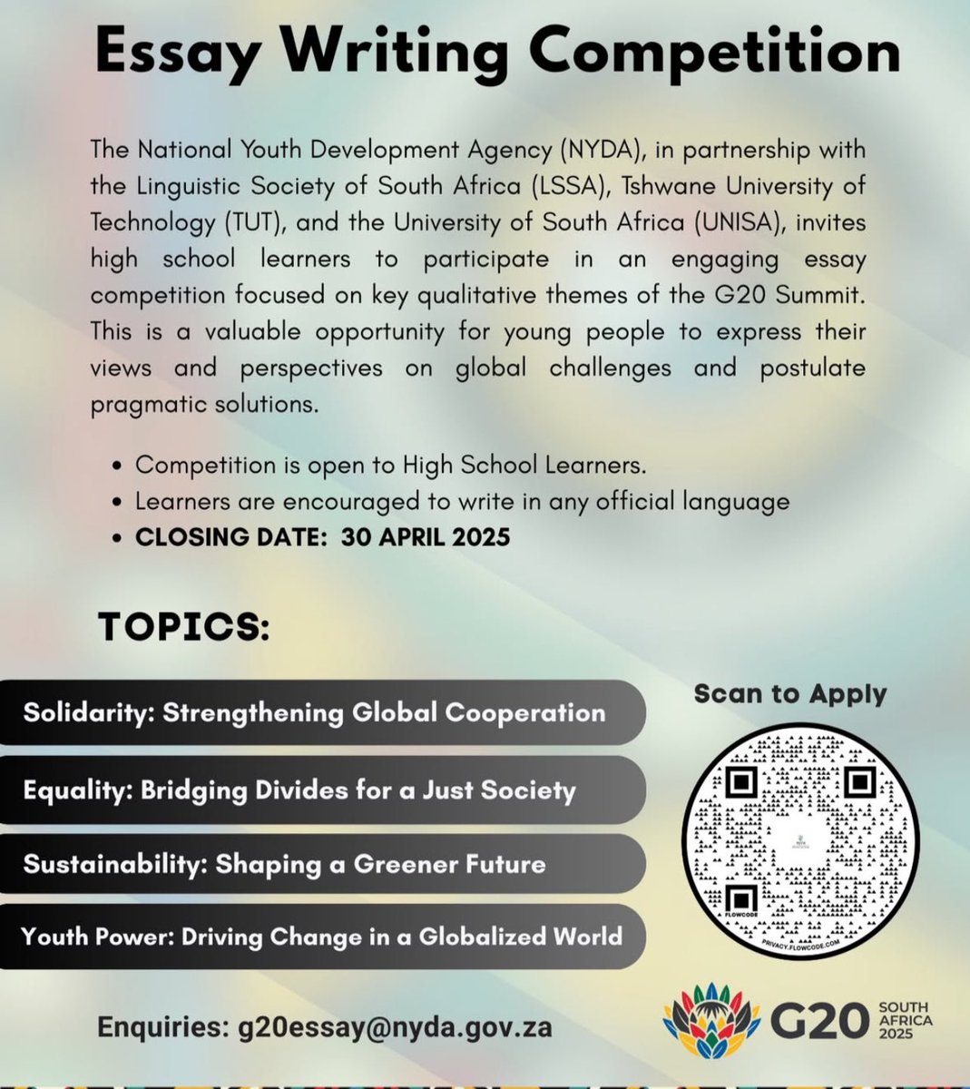The Essay Writing Competition is closing on 30 April 2025, and you don't want to miss out!

Enter here: forms.gle/EBd1K7LkTYkuhx….
Submit before the deadline hits!
#dhet #cds #khetha #NYDA #G20 #G20Summit #EssayCompetition #chooseday #tuesdaymotivations #SouthAfrica #SouthAfricans