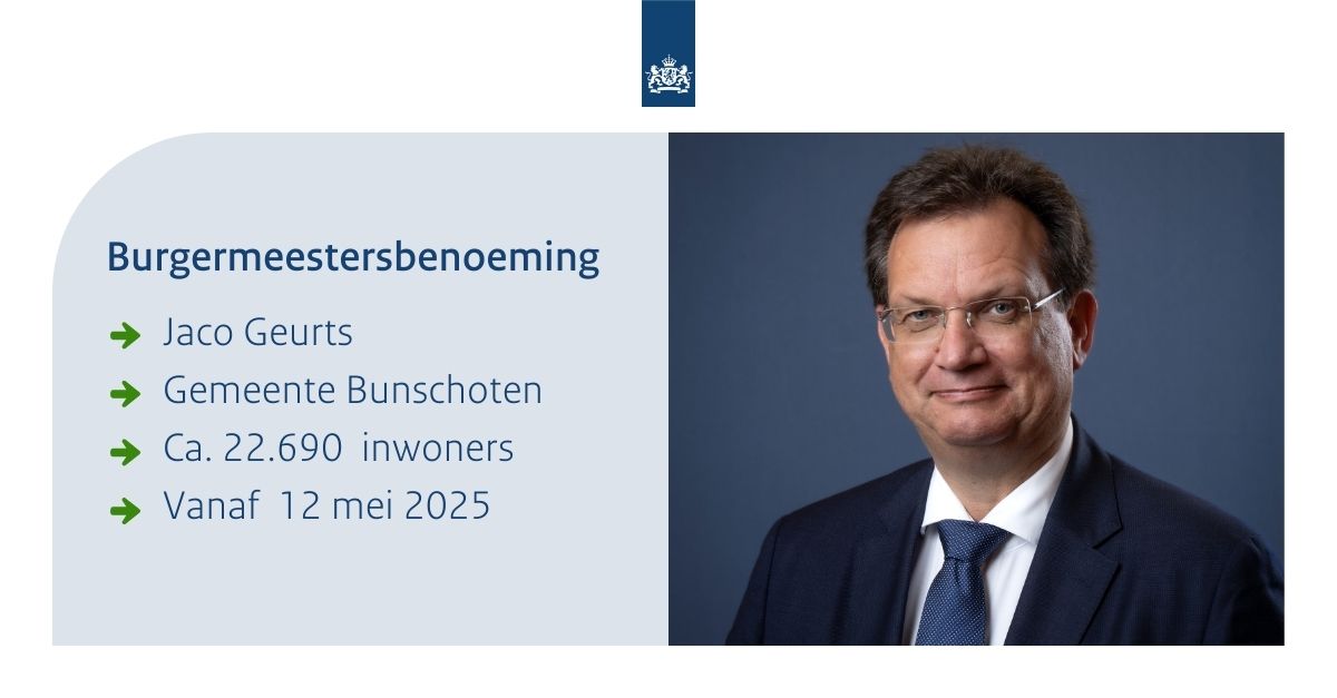 Jaco Geurts is benoemd tot burgemeester van de gemeente Bunschoten. De benoeming gaat in op 12 mei 2025. Lees het nieuwsbericht: rijksoverheid.nl/actueel/nieuws…