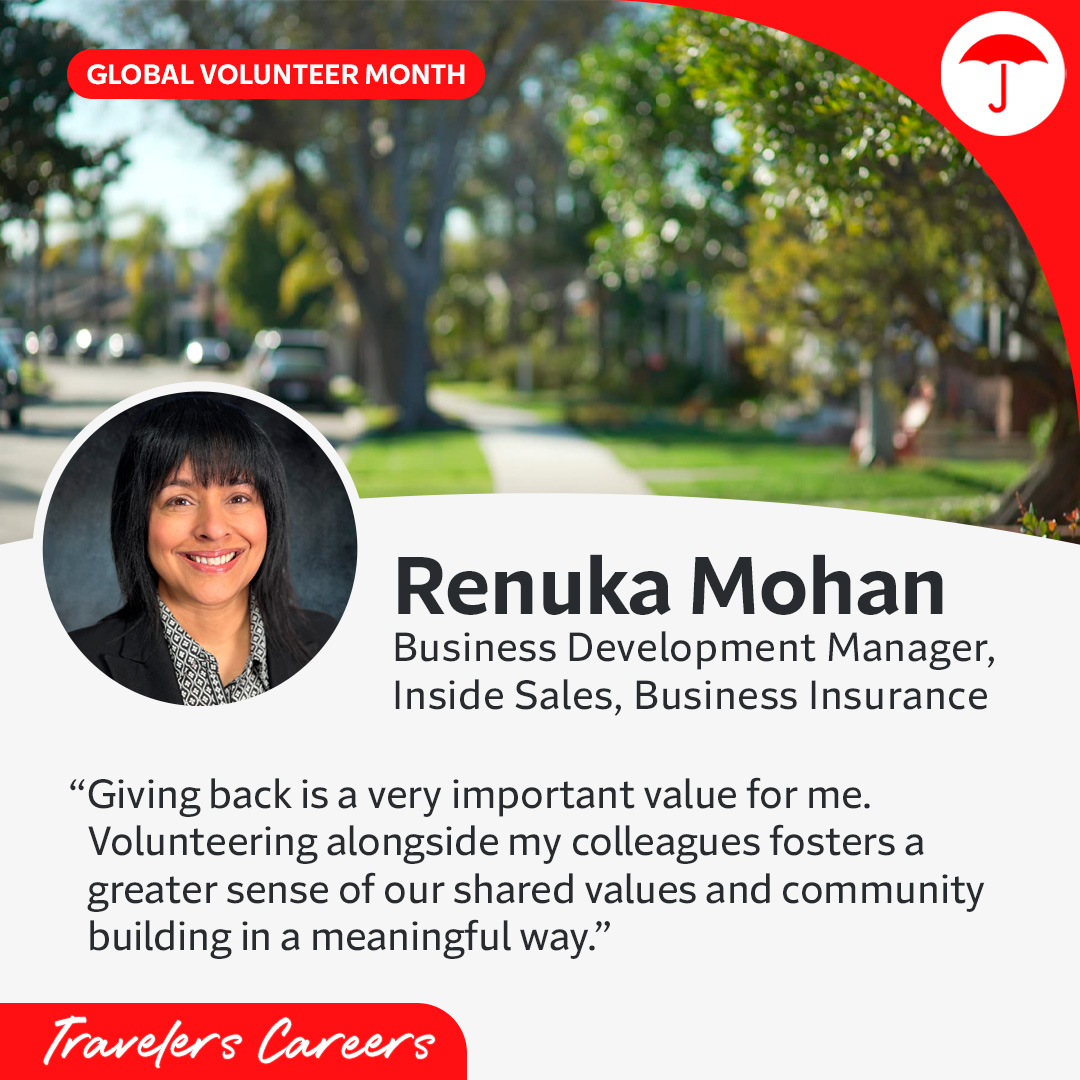 Volunteering at Travelers connects us through shared purpose. For Renuka, giving back with colleagues deepens her impact and her connection to the causes she cares about. #GlobalVolunteerMonth #CommunityInvolvement travl.rs/3GD91wN
