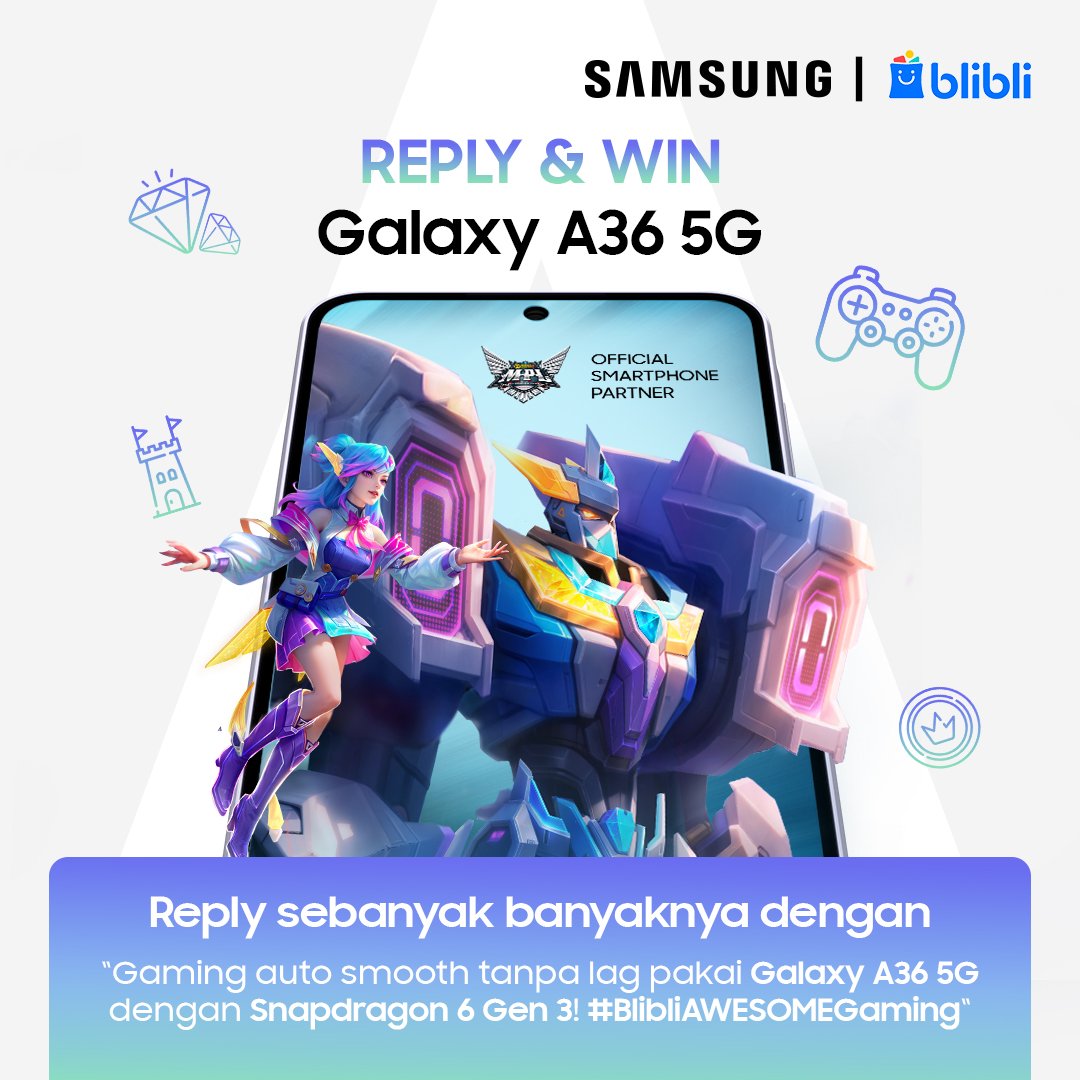 bliblidotcom's tweet photo. REPLY &amp; MENANGKAN 1 UNIT GALAXY A36 5G! 💥

Yuk, ikuti cara ini: 

1. Follow @bliblidotcom &amp; @samsungID 

2. Reply sebanyak-banyaknya dengan “Gaming auto smooth tanpa lag pakai #GalaxyA36 5G dengan Snapdragon 6 Gen 3! #BlibliAWESOMEGaming #BlibliPayday ” 

GOOD LUCK 💙 https://t.co/VgOmpCzUR2