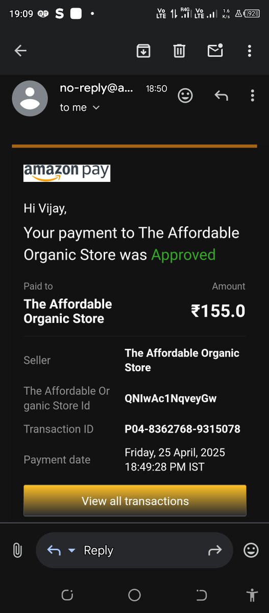 vijaydubey361's tweet image. 🚨 @AffordableOrg @AmazonPayIndia Help! Ordered 155 Rs from The Affordable Organic Store via Amazon Pay. Payment CONFIRMED with email proof 📧, but store says FAILED? 😡 Pls resolve ASAP! Screenshot attached. 🙏 #AmazonPay #OrganicStore #PaymentIssue