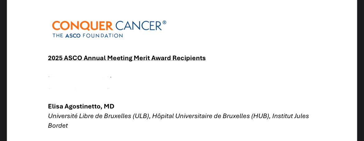 Elisa Agostinetto (@elisaagostinett) on Twitter photo I am so grateful that our work has been awarded with a <a href="/ConquerCancerFd/">Conquer Cancer, the ASCO Foundation</a> <a href="/ASCO/">ASCO</a> Merit Award! 💫
Proud to be on this list for the third time,
a big thank goes to my mentors and co-authors - Looking forward to presenting our work in Chicago!🇧🇪✈️🇺🇸
<a href="/OncoAlert/">OncoAlert</a>
conquer.org/news/conquer-c… I am so grateful that our work has been awarded with a <a href="/ConquerCancerFd/">Conquer Cancer, the ASCO Foundation</a> <a href="/ASCO/">ASCO</a> Merit Award! 💫
Proud to be on this list for the third time,
a big thank goes to my mentors and co-authors - Looking forward to presenting our work in Chicago!🇧🇪✈️🇺🇸
<a href="/OncoAlert/">OncoAlert</a>
conquer.org/news/conquer-c…