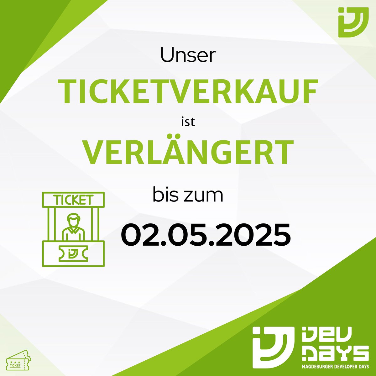 Magdeburger Developer Days (@devdaysmd) on Twitter photo Aufgrund einiger Anfragen werden wir unseren Ticketverkauf noch eine Woche, bis zum 02.05.2025, geöffnet lassen. Ihr solltet euch trotzdem beeilen, da sich der Ticketvorrat langsam dem Ende neigt.
#mddevdays #mddevdays25 Aufgrund einiger Anfragen werden wir unseren Ticketverkauf noch eine Woche, bis zum 02.05.2025, geöffnet lassen. Ihr solltet euch trotzdem beeilen, da sich der Ticketvorrat langsam dem Ende neigt.
#mddevdays #mddevdays25