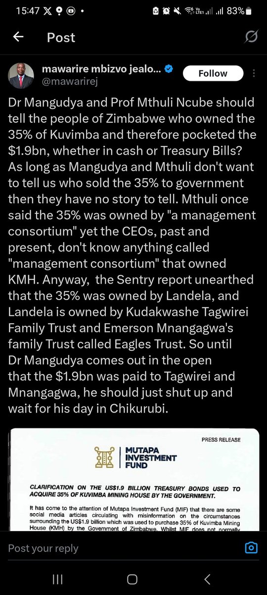 <a href="/FaraiMuvuti/">Farai Ian Muvuti 🇿🇼</a> @Zimrevolution1 Ian you are a smart person, you surely know this deal is a looting tactic.