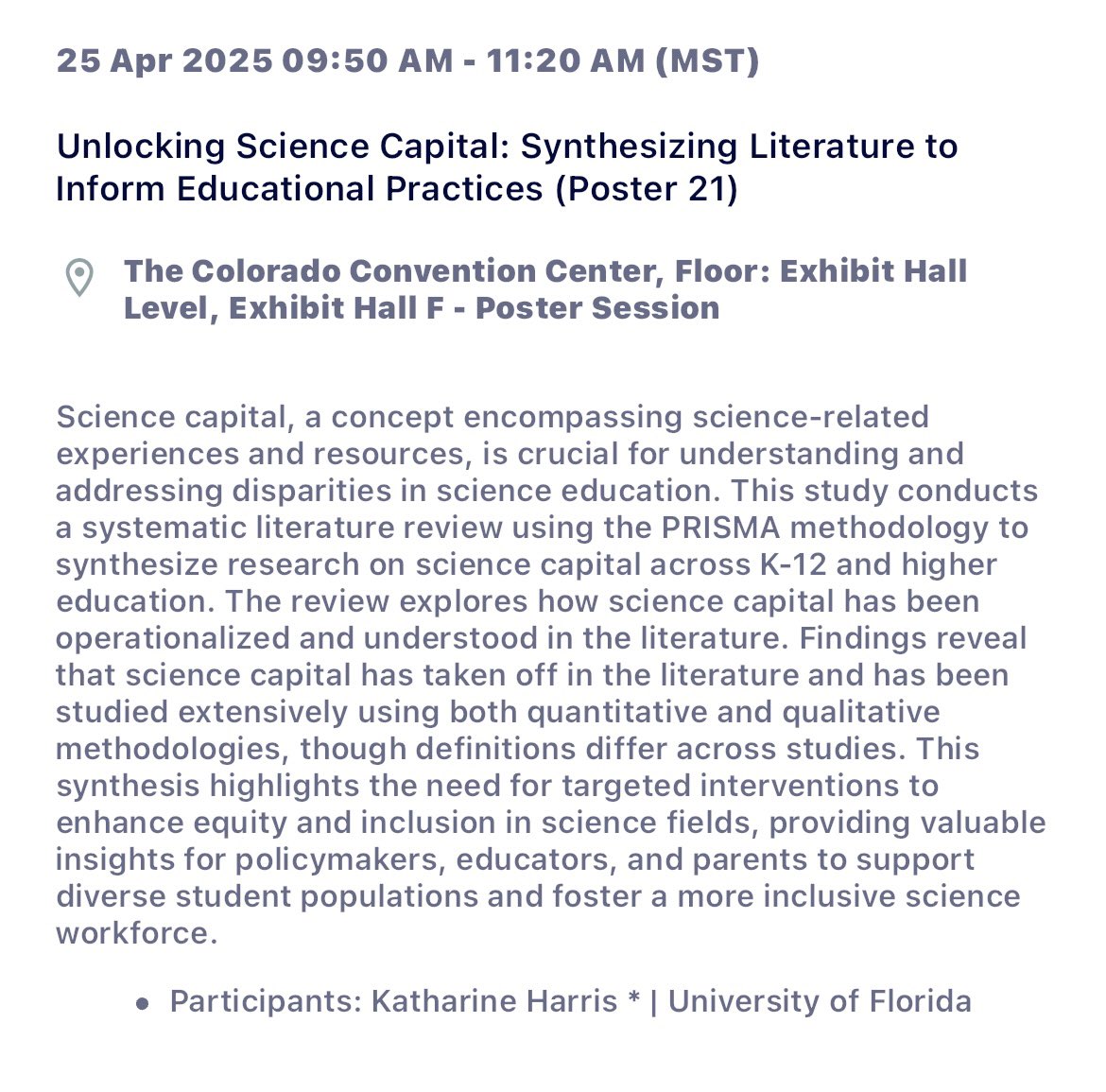 harris_k8's tweet image. Excited to share my dissertation work for the first time at #AERA today. Come stop by my poster from 9:50-11:20 to learn about Science Capital!🧪👩🏽🔬🧫📚
#AERA2025