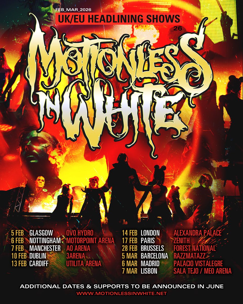Tickets are now on sale for our UK/EU headlining tour early next year! This will be the biggest we've ever gone in Europe and you do not want to miss it. Tickets are available at motionlessinwhite.net/tour