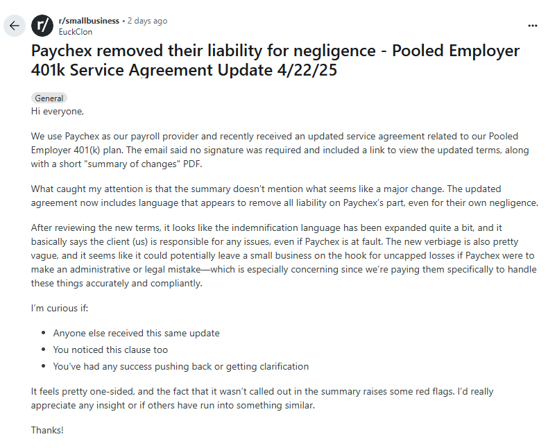 JDMcLean's tweet photo. Everyone needs to pay close attention to this one. 

The way @Paychex has changed their agreements to make the customer liable for their mistakes makes me think of a Crypto Rug Pull designed to leave their clients holding the bag when they close in the middle of the night with the clients money.