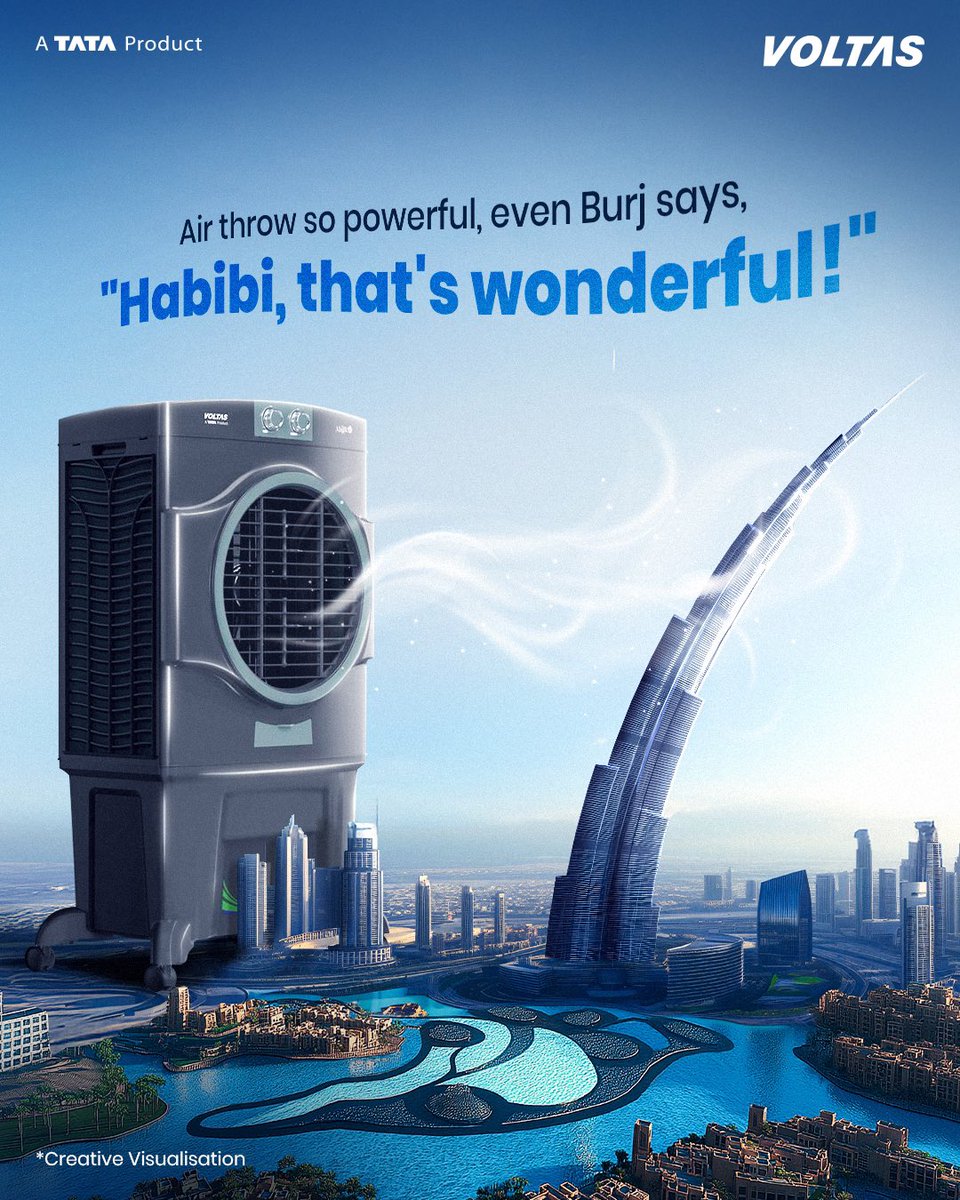 myvoltas's tweet image. Habibi, experience the strongest air flow only with the Voltas Air Coolers🌬️

#AirCooler #Thunder #PowerfulAirflow #SuperiorCooling #Dubai #Voltas