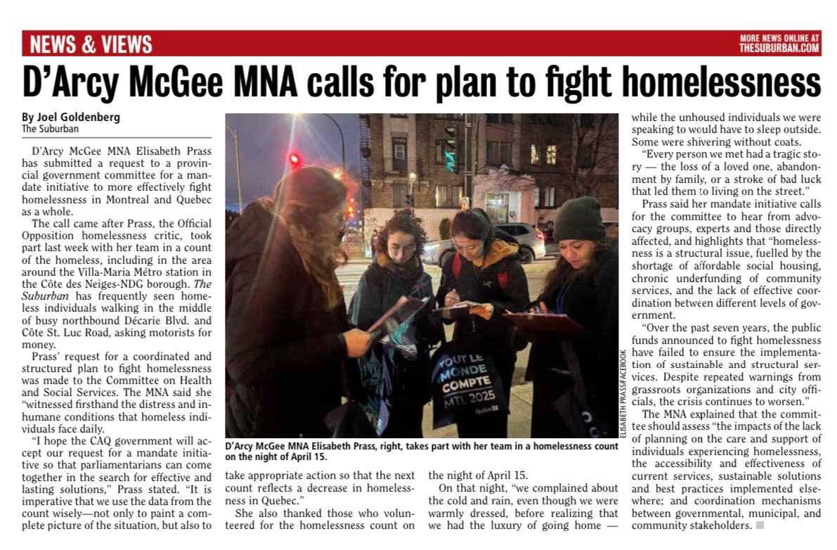 J’ai eu le plaisir de m’entretenir avec The Suburban au sujet de ma demande pour un mandat d’initiative visant à lutter contre l’itinérance, non seulement à Montréal, mais dans l’ensemble du Québec.

J’espère que le gouvernement de la CAQ acceptera notre demande afin que les