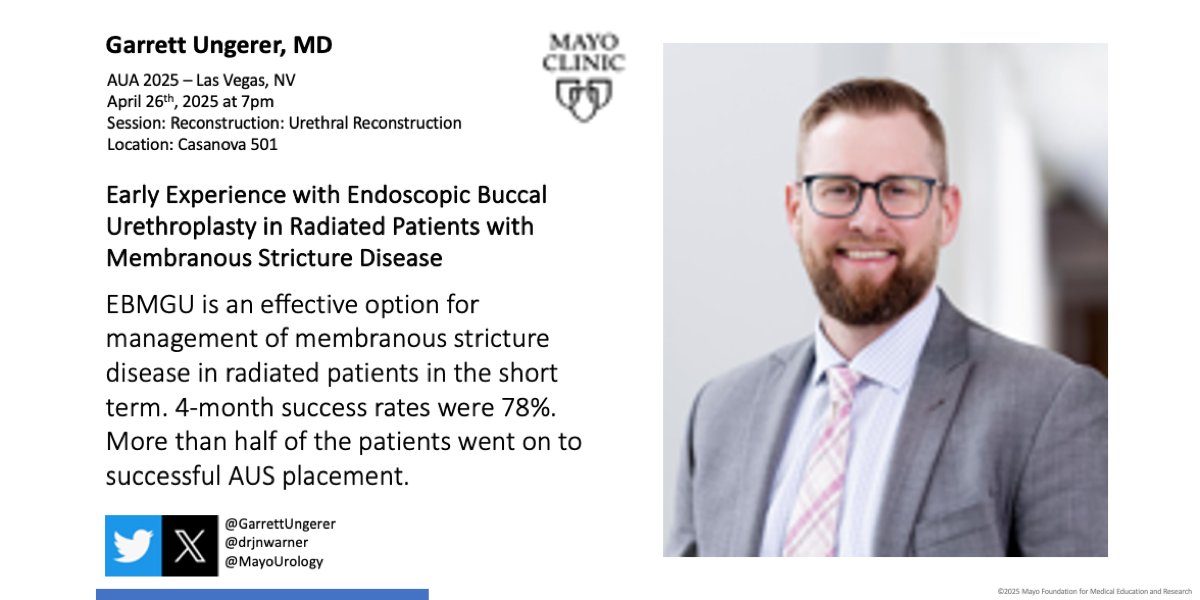 Mayo Clinic Urology (@mayourology) on Twitter photo Saturday at the #AUA25 7am poster session, @garrettungerer will present "Early Experience with Endoscopic Buccal Urethroplasty (EBMGU) in Radiated Patients with Membranous Stricture Disease
Cassanova 501
<a href="/drjnwarner/">Jonathan Warner</a>
<a href="/AmerUrological/">Amer. Urol. Assn.</a> Saturday at the #AUA25 7am poster session, @garrettungerer will present "Early Experience with Endoscopic Buccal Urethroplasty (EBMGU) in Radiated Patients with Membranous Stricture Disease
Cassanova 501
<a href="/drjnwarner/">Jonathan Warner</a>
<a href="/AmerUrological/">Amer. Urol. Assn.</a>