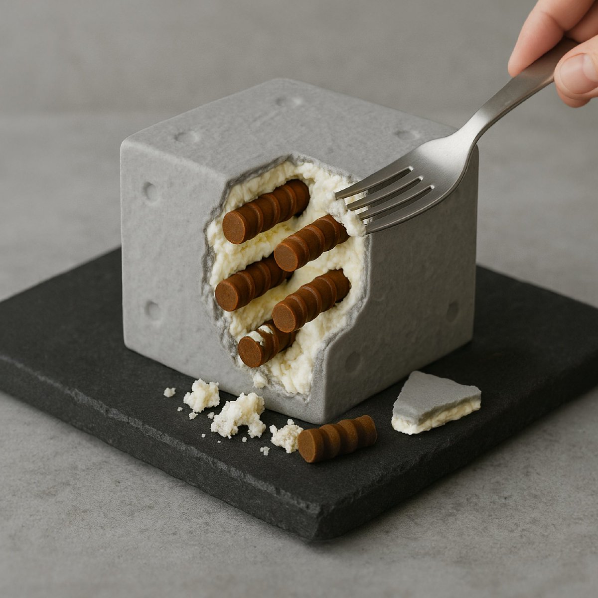 superkakamu's tweet image. 鉄筋コンクリートのケーキ