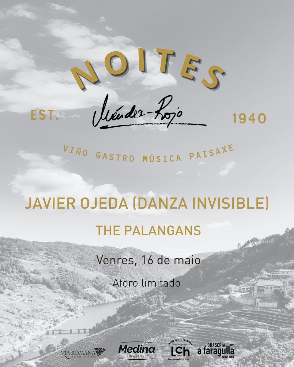 El viernes, 16 de mayo te esperamos en <a href="/ViaRomana_es/">Vía Romana</a> con: música <a href="/JavierOjeda64/">Javier Ojeda</a> &amp; #ThePalangans, gastronomía #AFaragulla &amp; #LaCentralHeladera, detalles <a href="/FrutossecosM/">Frutos Secos Medina</a>, vinos #MéndezRojo y paisaje heroico #RibeiraSacra. 

Reservas: bit.ly/NoitesMR16

eventos@mendezrojo.com