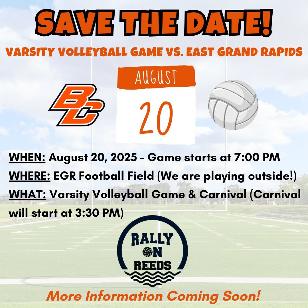 Get ready Bulldogs! 🏐Mark your calendars for August 20th! Varsity Volleyball takes on East Grand Rapids at 7pm on EGR's football field! With a Carnival at 3:30pm! Can't be there live to watch? You can watch us on State Champs Network! Let's fill the stands with ORANGE AND BLACK!
