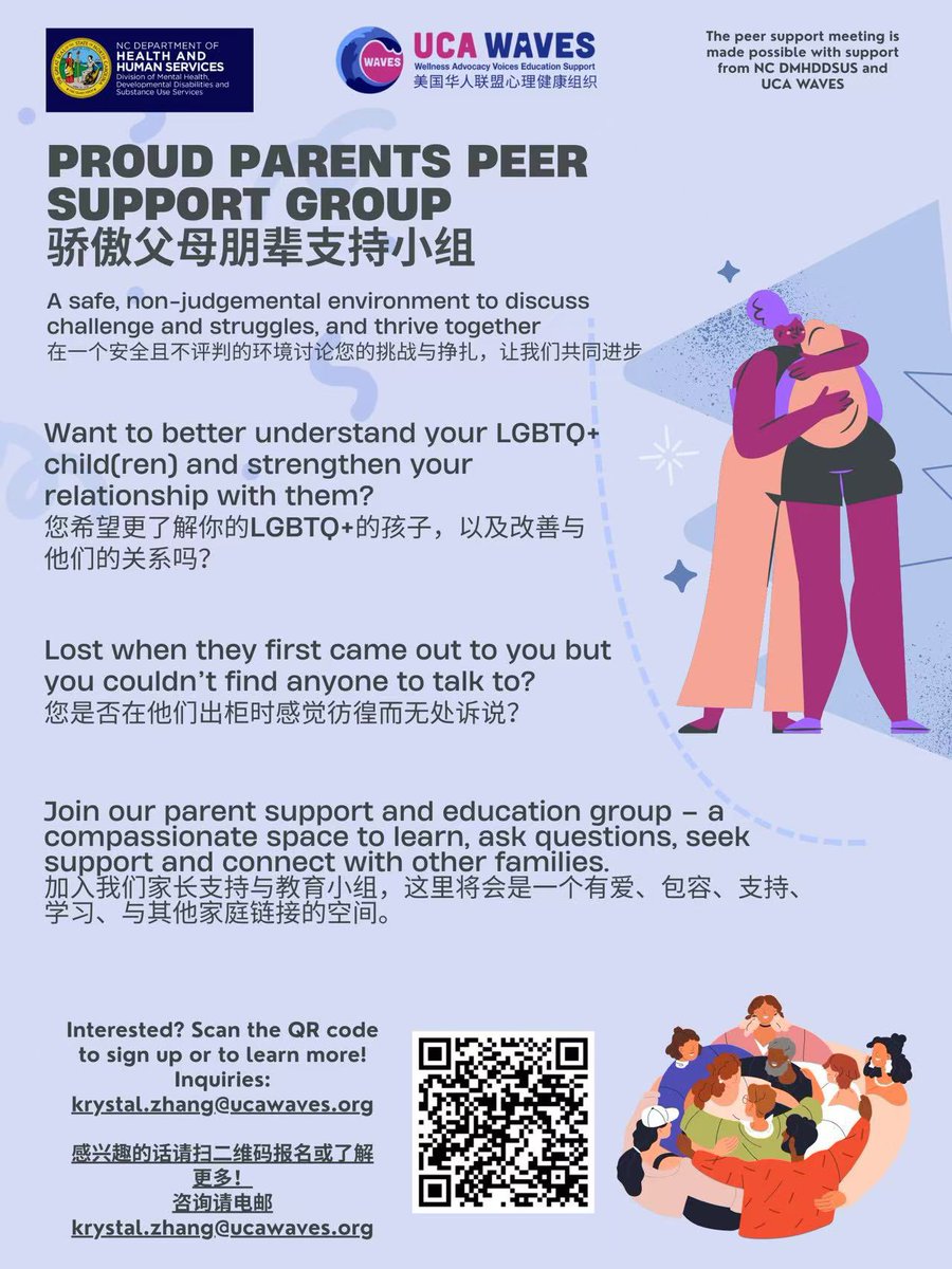 🌈👨‍👩‍👧‍👦 Proud Parents, Stronger Families 👨‍👩‍👧‍👦🌈
Are you a parent of an LGBTQ+ child, seeking support, understanding, and community?

Join the Proud Parents Peer Support Group, hosted by UCA WAVES, in partnership with NC DMHDDSUS. This monthly group provides a safe, non-judgmental