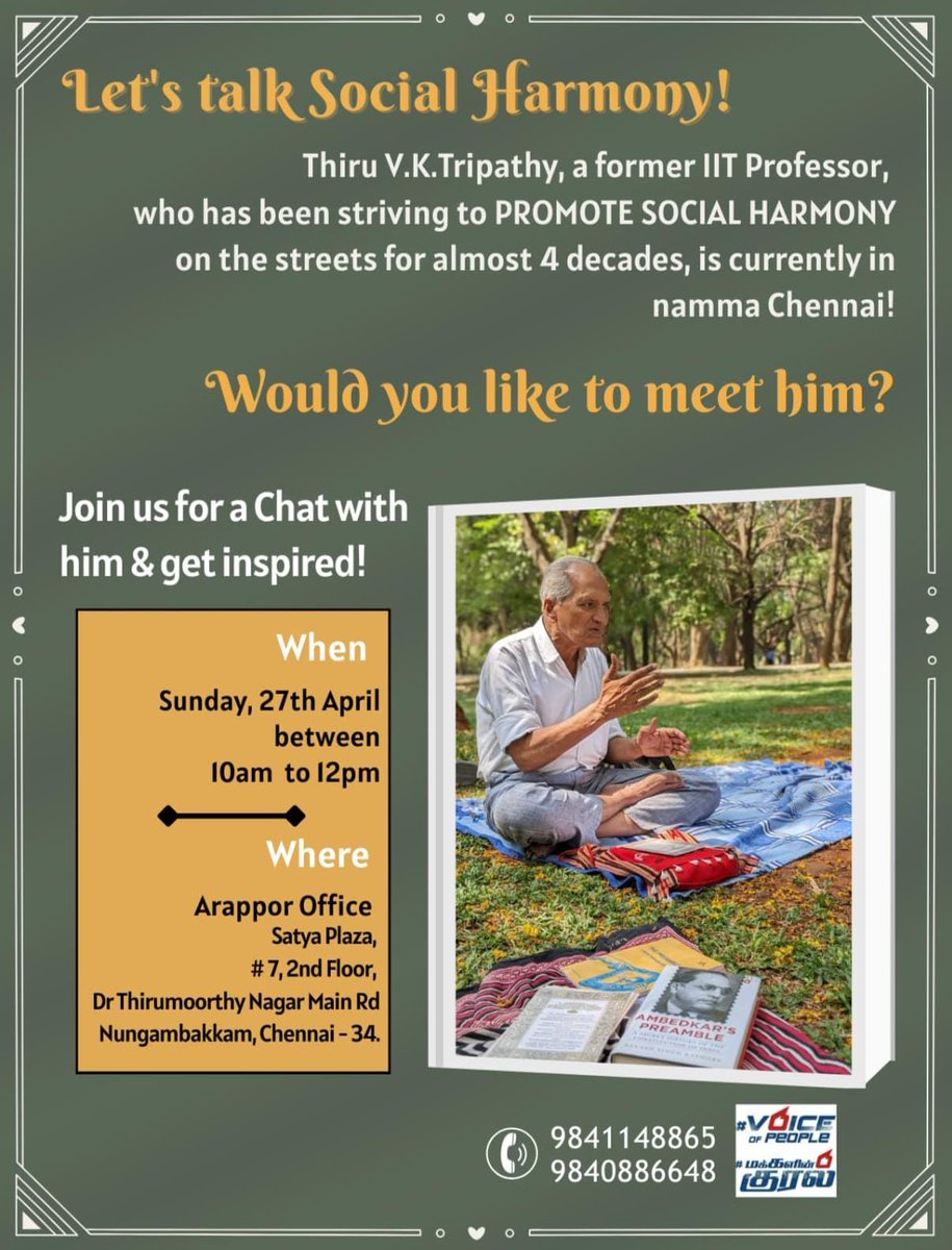 #LetsTalkSocialHarmony - the need of the hour with the veteran - right here in Chennai this Sunday at 10am. All are most welcome! ❤️

Thanks to <a href="/Arappor/">Arappor Iyakkam</a> for the space.🙏🏾