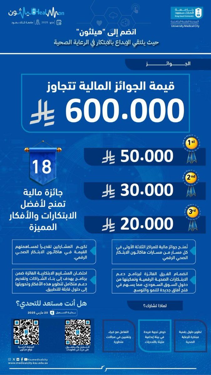 نفخر بشراكتنا الاستراتيجية مع المدينة الطبية الجامعية في جامعة الملك سعود <a href="/ksumedicalcity/">المدينة الطبية الجامعية</a> 
ورعايتنا لهاكاثون #الابتكار_الصحي الرقمي الأول (#هيلثون)
✨والذي يهدف لرفع جودة الحياة للمجتع من خلال تحفيز الريادة والابتكار وتبني التقنيات الناشئة لحل تحديات القطاع الصحي في عدة مسارات.