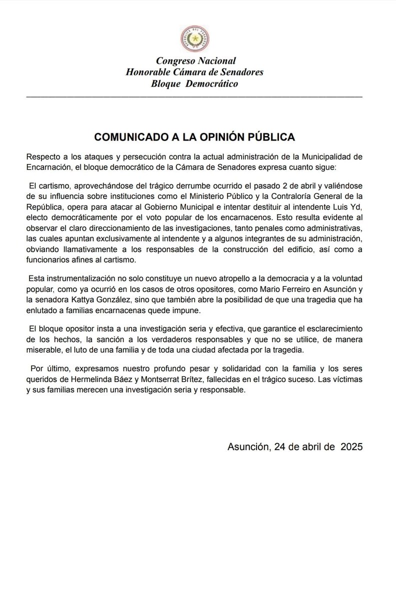 Instrumentalizar políticamente una tragedia es un atropello a la democracia y a la voluntad popular. Pero además, deja abierta la posibilidad de que un hecho que enlutó a familias encarnacenas quede impune.