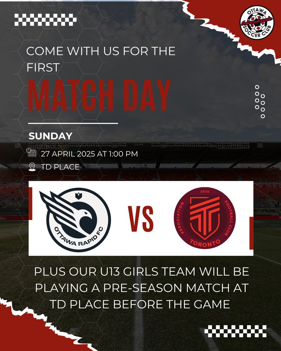 OttawaIntSoccer's tweet image. Join us at TD Place on April 27!

Our OISC U13 Girls will play a pre-season match AND walk the players out before Ottawa Rapid FC faces Toronto AFC! ⚽

Let’s pack the stands and show our support! 🙌

 #MatchDay #OISC #OttawaRapidFC