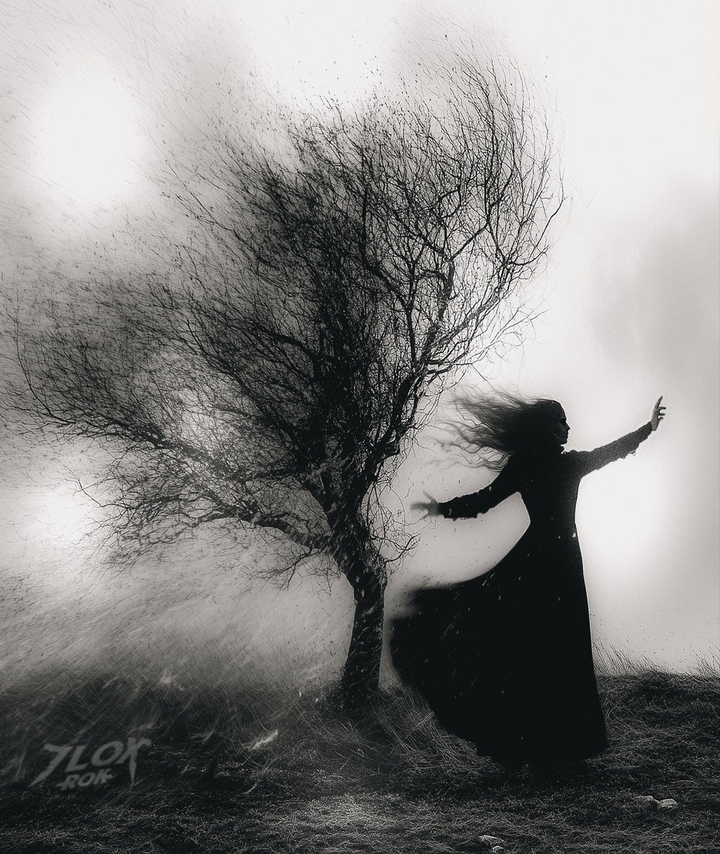 I stand at the storm's edge, arms raised, summoning wind to my fingertips. Elements answer, wild and untamed. Behind, an old tree twists skyward, mirroring my hands. Tonight, the wind whispers my name; tomorrow, perhaps yours. #7LoxRok #GothicNature #DarkWhispers