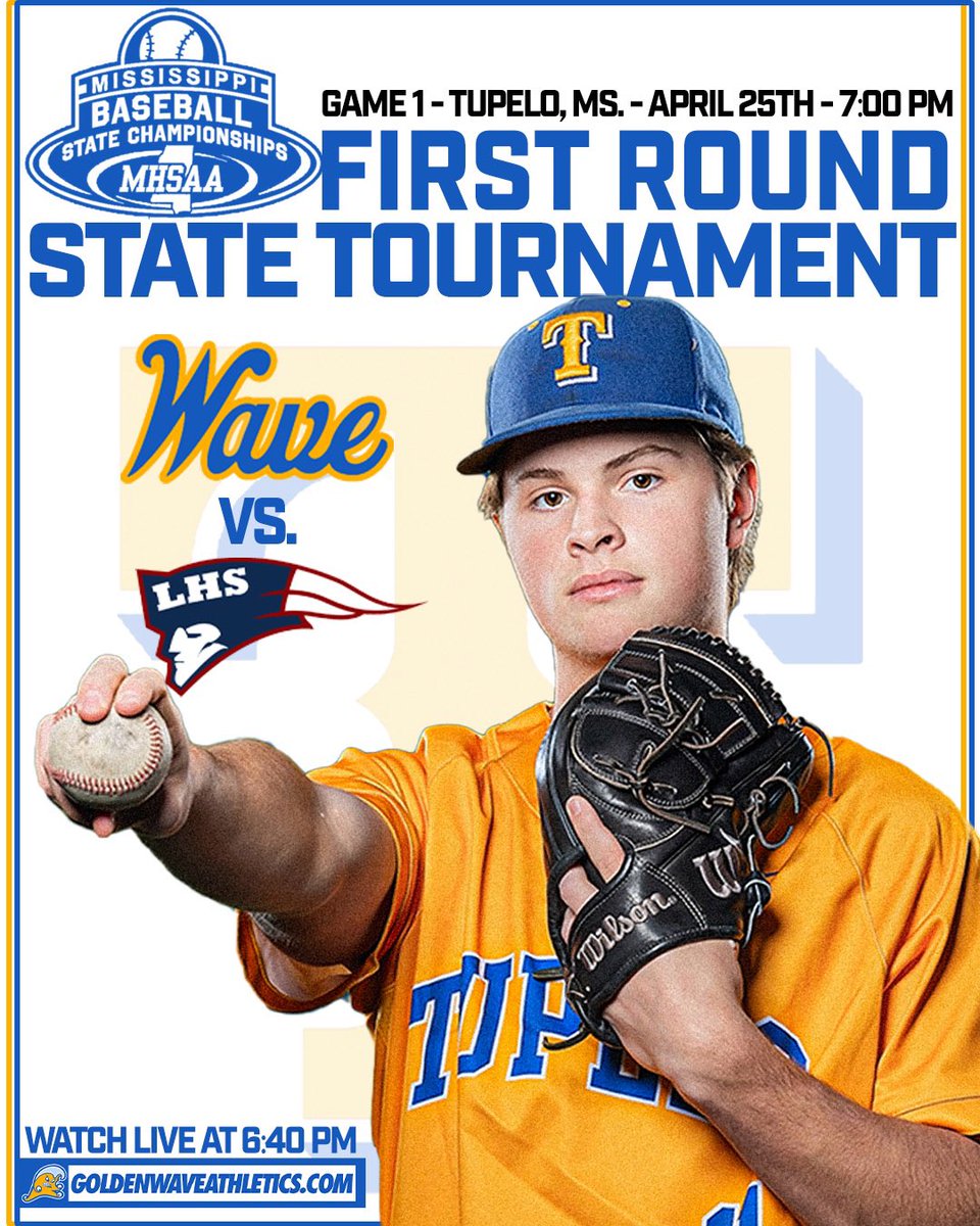 🌊 𝐏𝐥𝐚𝐲 𝐁𝐚𝐥𝐥. #𝐅𝐥𝐨𝐨𝐝𝐖𝐚𝐫𝐧𝐢𝐧𝐠  
🆚 #3 Lewisburg 
🕰️ 7 p.m. | Coverage at 6:40 p.m. 
📍 Tupelo, MS
🎟️ linktr.ee/tupeloathletics
📺 goldenwaveathletics.com (Blue)
↪️ Tupelo App on Roku, Apple TV, Firestick
