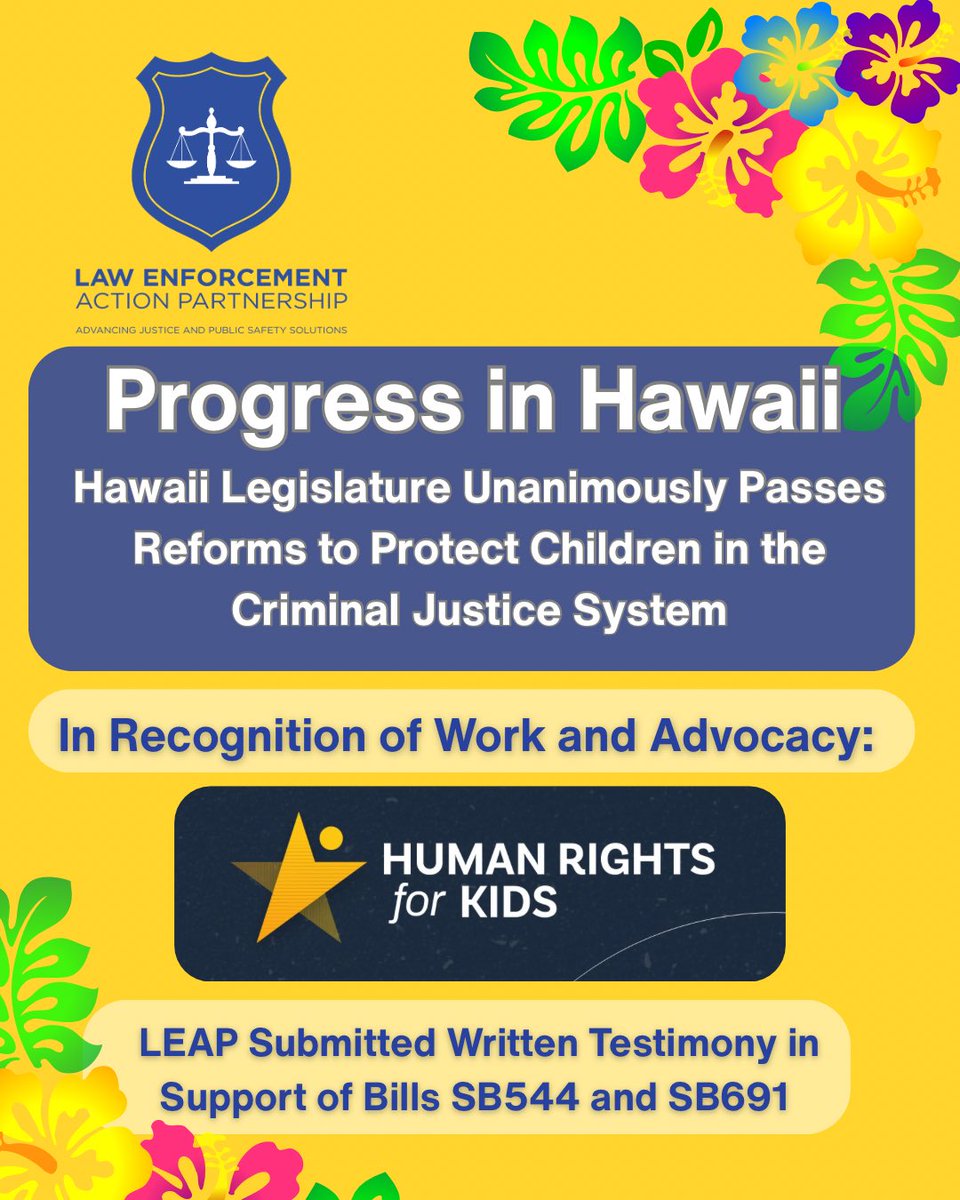 The Law Enforcement Action Partnership (LEAP) (@policeforreform) on Twitter photo Great progress in Hawaii, with a large amount of gratitude to <a href="/HRFK_ORG/">Human Rights for Kids</a> who worked hard to make it possible.
We pay close attention to bill SB544, which ensures judges have to take a childās full history into consideration, such as trauma, abuse & adverse childhood experiences. Great progress in Hawaii, with a large amount of gratitude to <a href="/HRFK_ORG/">Human Rights for Kids</a> who worked hard to make it possible.
We pay close attention to bill SB544, which ensures judges have to take a childās full history into consideration, such as trauma, abuse & adverse childhood experiences.