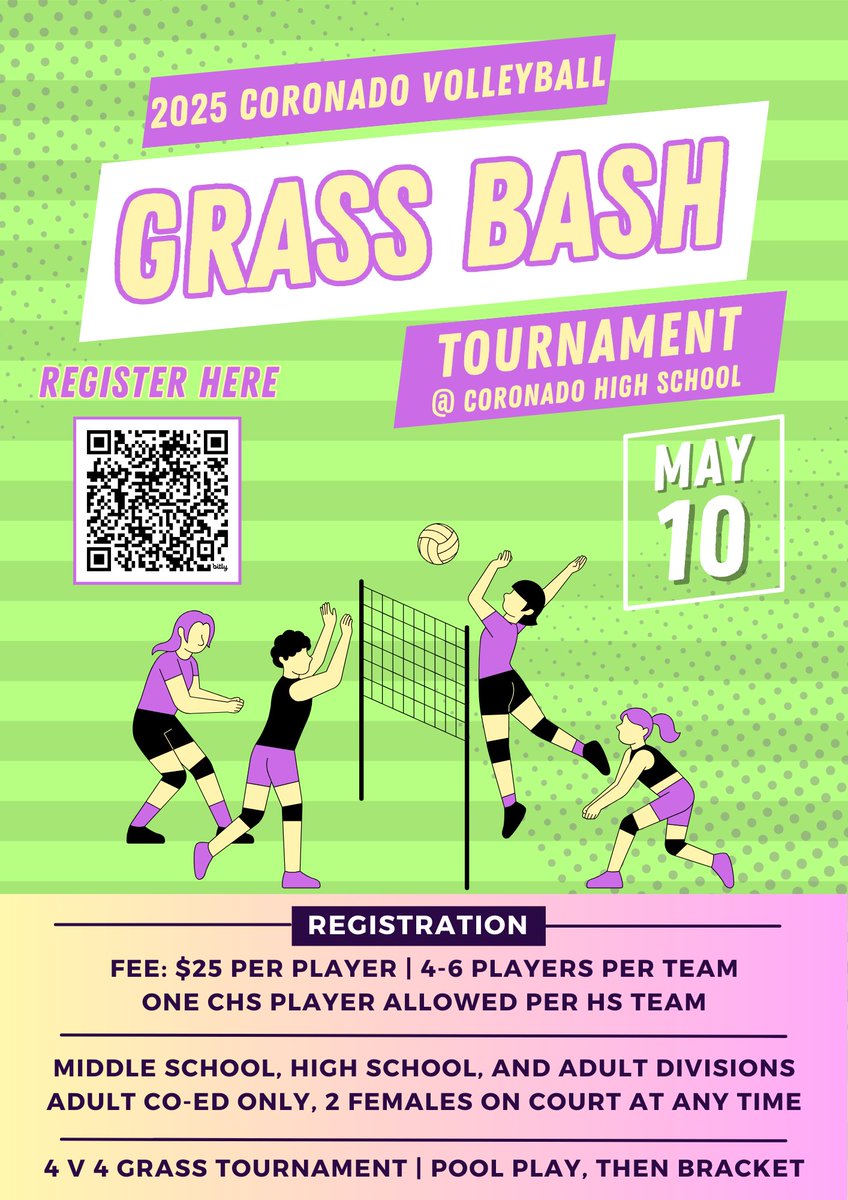 Team registrations due by the end of the day on Monday, 4/28! Join us for GRASS BASH! <a href="/CHSMustangsLBB/">Coronado High School</a> <a href="/Coronado_Sports/">Coronado HS Athletics</a>