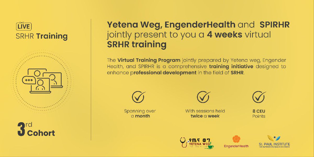 YetenaW's tweet image. 🌟 3rd Cohort SRHR Virtual Training 2025! 🌟
Join @YetenaWeg, @EngenderHealth & @SPIRHR for a 4-week program advancing SRHR!
🗓️ Starts: May 6, 2025
⏰ Deadline: April 27 (6PM)
✅ Earn 8 CEU credits | Bi-weekly virtual sessions
🔗 Apply: forms.gle/cd9RmsPcBpkkYC…
#SRHR #Healthcare