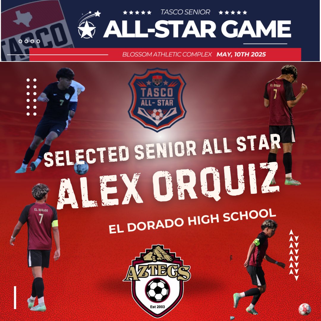Huge accomplishment for Alex Orquiz for being selected to represent <a href="/EDAztecs_HS/">Patricia Pedroza</a> in the <a href="/tascosoccer/">TASCO</a> Senior All Star Game!! Congrats Alex!! <a href="/SocorroISD/">Socorro ISD</a> <a href="/Fchavezeptimes/">Felix Chavez</a> #FuerzaAzteca #GoldenBoys