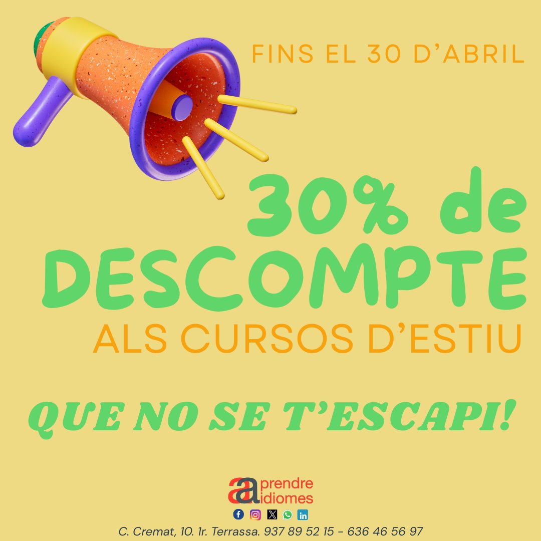 aaprendre's tweet photo. Aprofita que encara hi ets a temps😎
Fins el 30 d'abril gaudeix del 3️⃣0️⃣% de descompte als cursos d'estiu!
🔴 MiniClub. Diversió en anglès per als més petits i petites
🟠 Anglès per a joves
🟡 Immersió al FCE o a l'ADV
🟢 Anglès per a adults
🔵 Grups privats https://t.co/3tH9UfTz5P