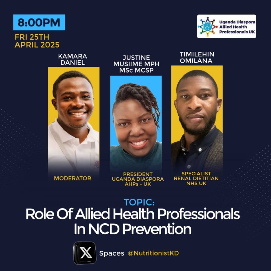 The Uganda Allied Nutritionists in collaboration with the Uganda Diaspora Allied Health  Professionals - UK will be exploring the role of Allied Health Professionals in NCD prevention &amp; management today 25th April 2025, 8.00 pm EAT.
Please join us: 
x.com/i/spaces/1lDGL…