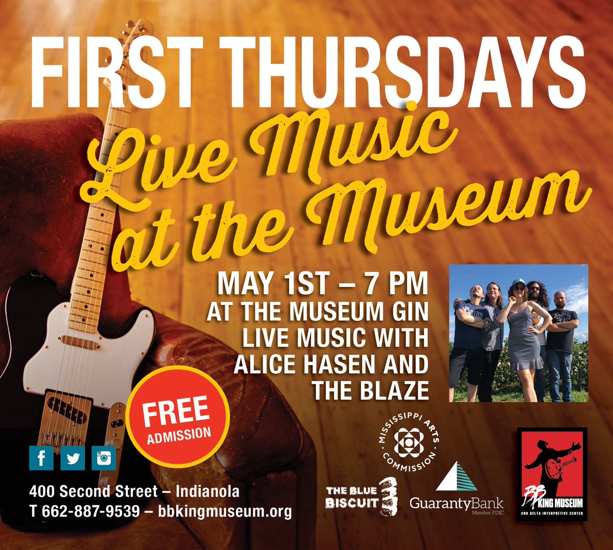Just announced! A First Thursday favorite <a href="/BBKingMuseum/">B.B. King Museum</a> returns 5/1 LIVE 🎶 No Cover ✨ Cash Bar ✨ with Blue Biscuit bites. Thank you,  Guaranty Bank! 🎸