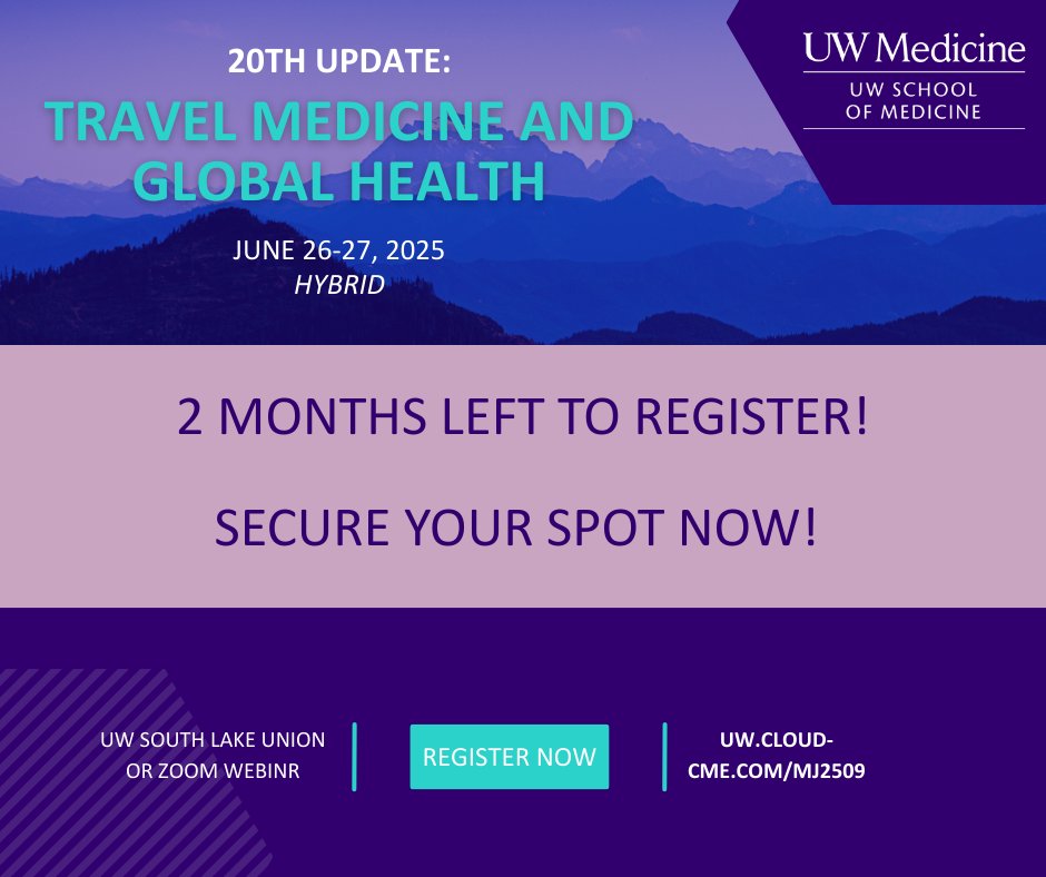 UW CME (@uwcme) on Twitter photo 🌍Only 2 months left until the 20th Update: Travel Medicine & Global Health! Featuring experts in zoonotic surveillance, respiratory infections & more! Register now uw.cloud-cme.com/MJ2509
#TravelMedicine #GlobalHealth <a href="/UWMedicine/">UW Medicine</a> <a href="/uwfm/">UW Family Medicine</a> <a href="/UW_DGIM/">General Internal Medicine at UW Medicine</a> <a href="/AllergyUw/">UW-Madison Allergy and Immunology</a> <a href="/uw_infdisease/">UW-Madison Division of Infectious Disease</a> <a href="/uwdgh/">UW Global Health</a> 🌍Only 2 months left until the 20th Update: Travel Medicine & Global Health! Featuring experts in zoonotic surveillance, respiratory infections & more! Register now uw.cloud-cme.com/MJ2509
#TravelMedicine #GlobalHealth <a href="/UWMedicine/">UW Medicine</a> <a href="/uwfm/">UW Family Medicine</a> <a href="/UW_DGIM/">General Internal Medicine at UW Medicine</a> <a href="/AllergyUw/">UW-Madison Allergy and Immunology</a> <a href="/uw_infdisease/">UW-Madison Division of Infectious Disease</a> <a href="/uwdgh/">UW Global Health</a>
