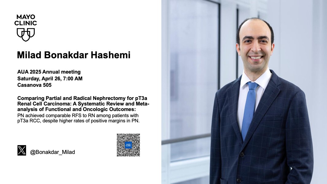 Mayo Clinic Urology (@mayourology) on Twitter photo Don't miss <a href="/Bonakdar_Milad/">Milad Bonakdar, MD</a> at the #AUA25 Saturday 7am poster session presenting "Comparing Partial and Radical Nephrectomy for PT3A Renal Cell Carcinoma: A Systematic Review and Meta-Analysis of Functional and Oncologic Outcomes!
<a href="/AmerUrological/">Amer. Urol. Assn.</a>
#RCC Don't miss <a href="/Bonakdar_Milad/">Milad Bonakdar, MD</a> at the #AUA25 Saturday 7am poster session presenting "Comparing Partial and Radical Nephrectomy for PT3A Renal Cell Carcinoma: A Systematic Review and Meta-Analysis of Functional and Oncologic Outcomes!
<a href="/AmerUrological/">Amer. Urol. Assn.</a>
#RCC