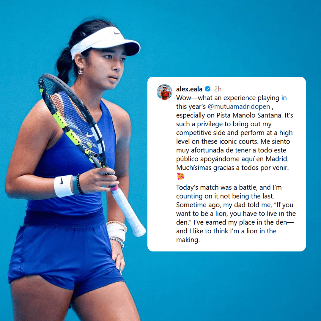 OneSportsPHL's tweet image. "I'M A LION IN THE MAKING" 🦁
Despite falling short at the 2025 Madrid Open, tennis ace Alex Eala remains grateful for the opportunity, optimistic that this is just the beginning of her journey on high-level competitions.
#MadridOpen #OneSports
📸 Instagram | @alex.eala