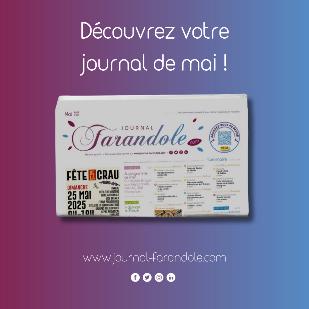 [#VotreJournal 🗞️]
En Mai, le Pays d'Arles et la Provence vous accueillent grâce au Journal Farandole !

📖Lisez : urls.fr/IBWBD_ 
💻Naviguez : swll.to/rFtWg1J
🙏Soutenez : swll.to/BhByN

#Presse #BouchesDuRhône #PaysDArles #Provence #IdéesSorties