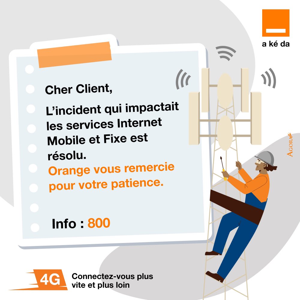 Nous vous informons que les services internet mobile et fixes sont rétablis.🛜

Orange vous remercie.

#OrangeAKeDa #Service
#Internet