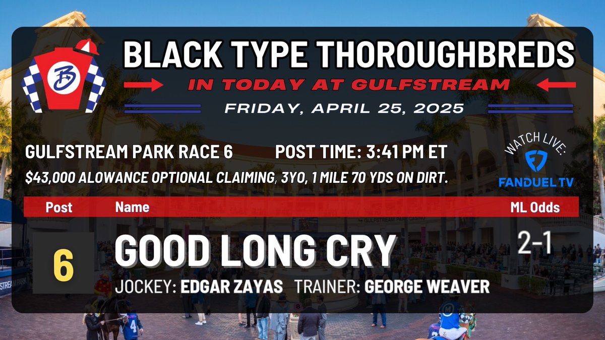 Also in today down at #Gulfstream: GOOD LONG CRY is the 2-1 ML favorite with <a href="/zayas_edgardo/">Edgardo Zayas</a> aboard in Race 6! Post time: 3:41pm ET on <a href="/FanDuel/">FanDuel</a> TV! #blacktype #goodlongcry