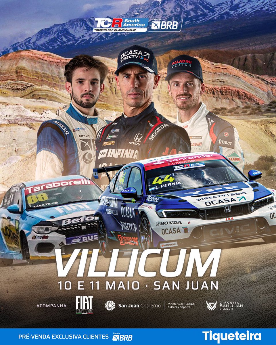 🎉 ¡Atención clientes BRB! 🎟️ ¡PREVENTA EXCLUSIVA!

El TCR South America BRB vuelve a San Juan junto a Fiat Competizione, los días 10 y 11 de mayo, en el espectacular Circuito Villicum, rodeado por la Cordillera de los Andes.

 ¡Carreras emocionantes, grandes pilotos y mucha