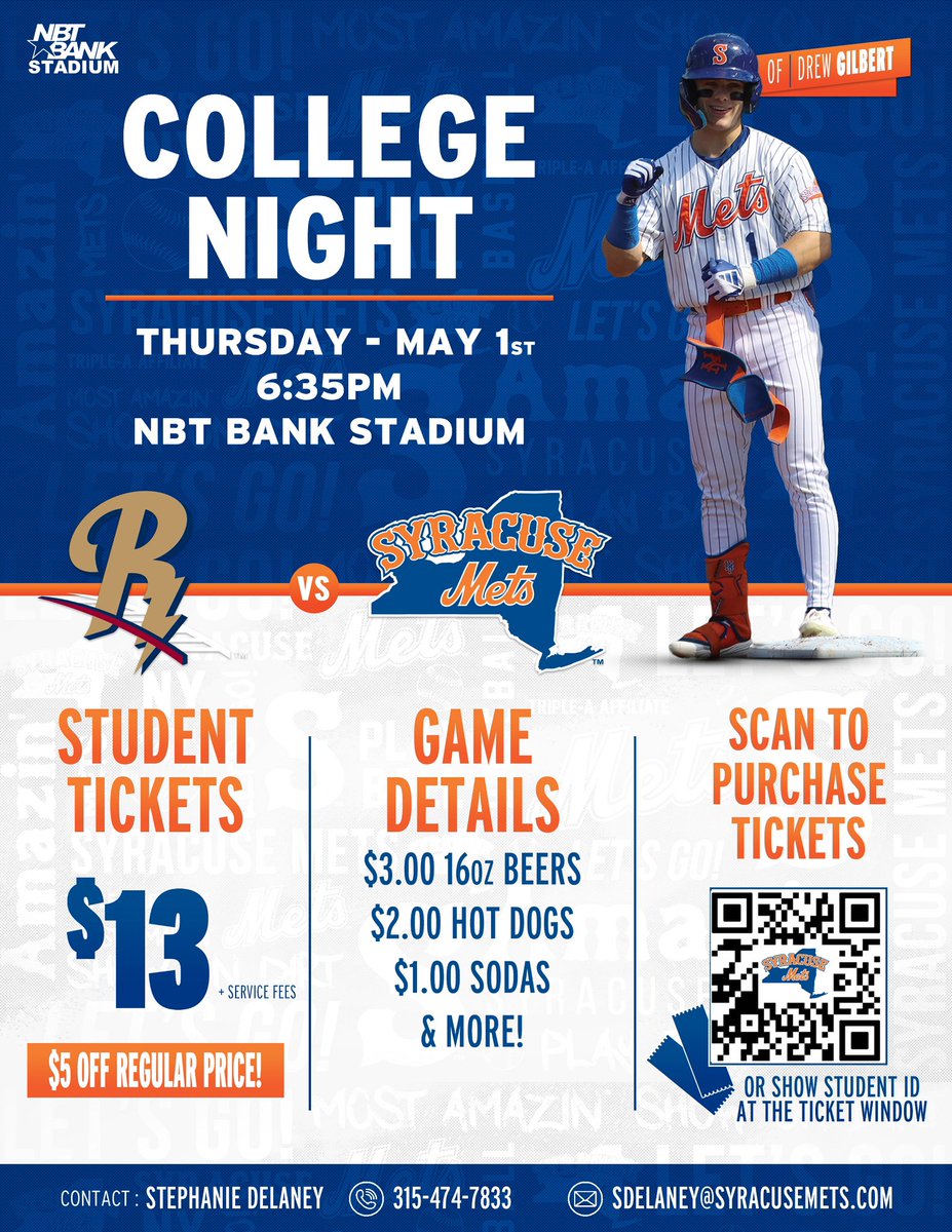 College Night is Back! ⚾️ Come support the Syracuse Mets as they take on SWB next Thursday. Tickets will be $13 for students, $5 off the regular price! 🎫 

📍NBT Bank Stadium
⏰ 6:35 P.M.
🎟️ Ticket link in bio