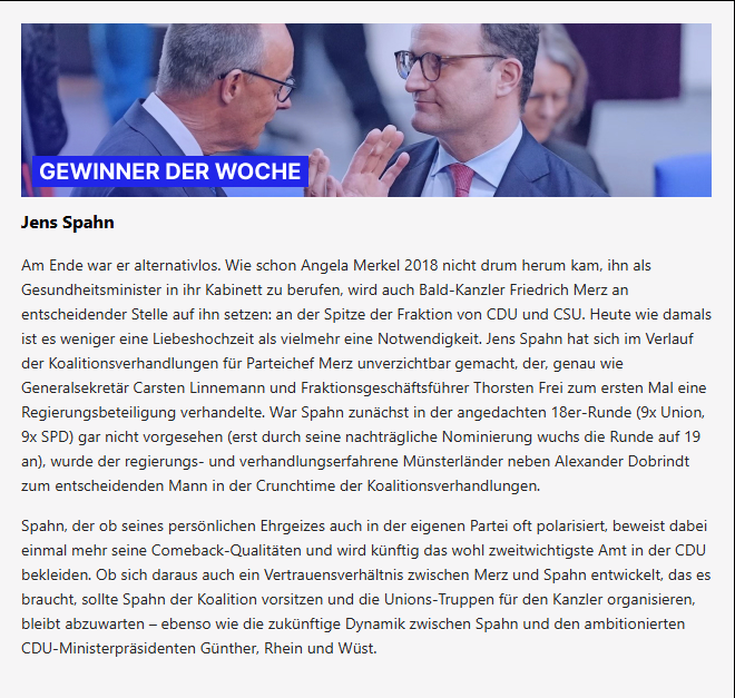 pundk's tweet image. @pundk kürt die Gewinner und Verlierer der Woche:
Unser Gewinner ist @jensspahn, der es einmal mehr geschafft hat, sich bei der Vergabe wichtiger Ämter unverzichtbar zu machen.
Nur Verlierer gibt es hingegen bei der Schlammschlacht zwischen der Bundespartei und dem Thüringer…