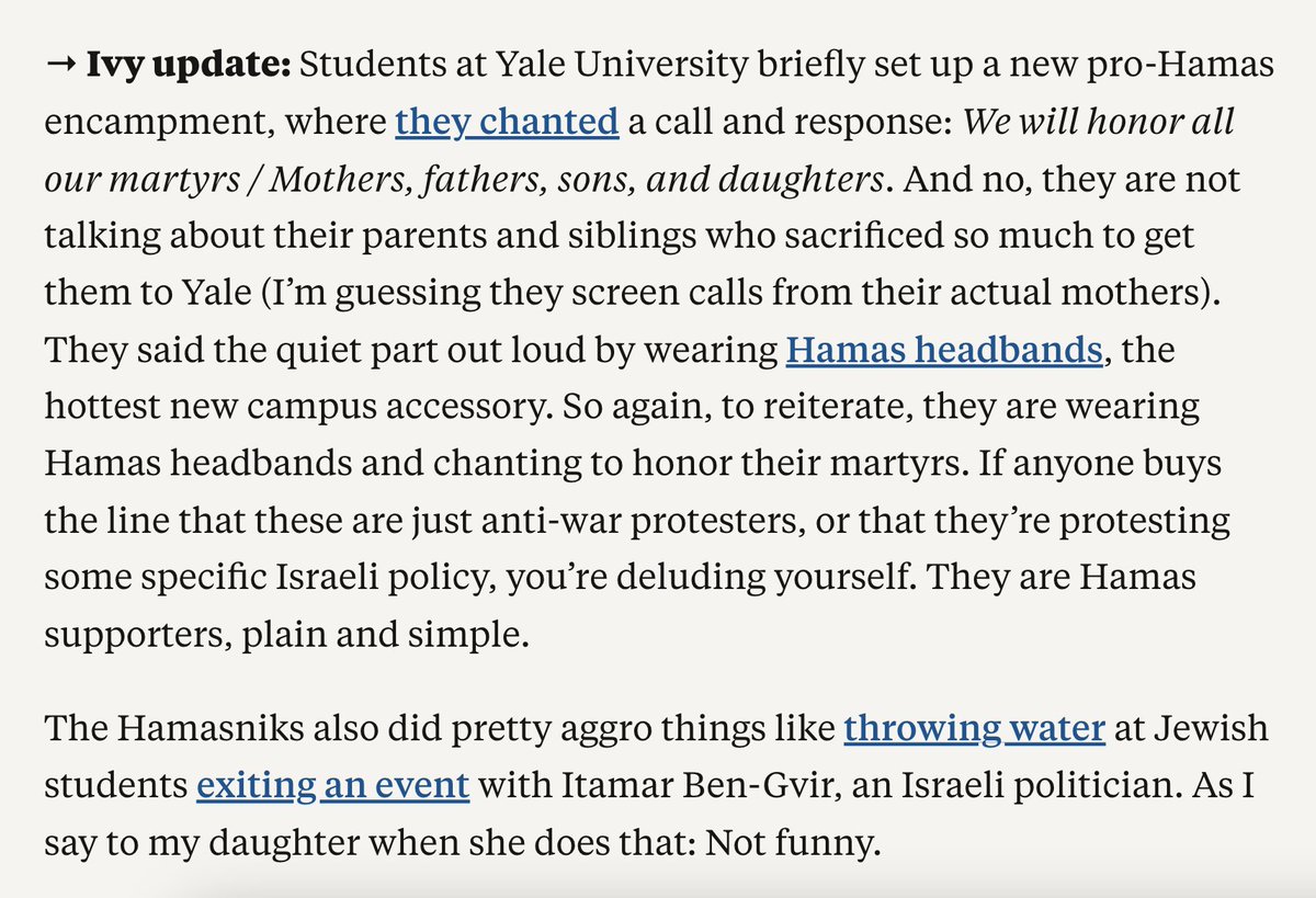 “Students at Yale University briefly set up a new pro-Hamas encampment, where they chanted a call-and-response: ‘We will honor all our martyrs / Mothers, fathers, sons, and daughters’” And no, they are not talking about their parents and siblings who sacrificed so much to get