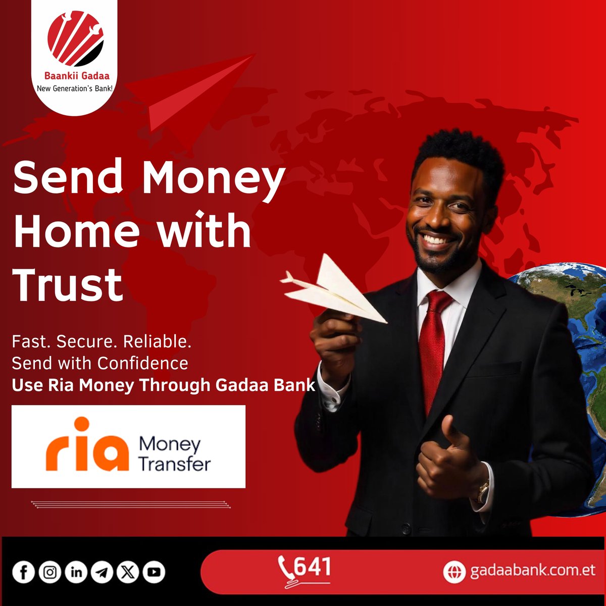 Choose Gadaa Bank as your remittance partner and make every transfer count — with the reliability you deserve.
Send money from abroad securely and efficiently using Ria Money, available at Gadaa Bank nationwide.

#GadaaBank #NewGenerationsBank #RiaMoney #RemitToEthiopia