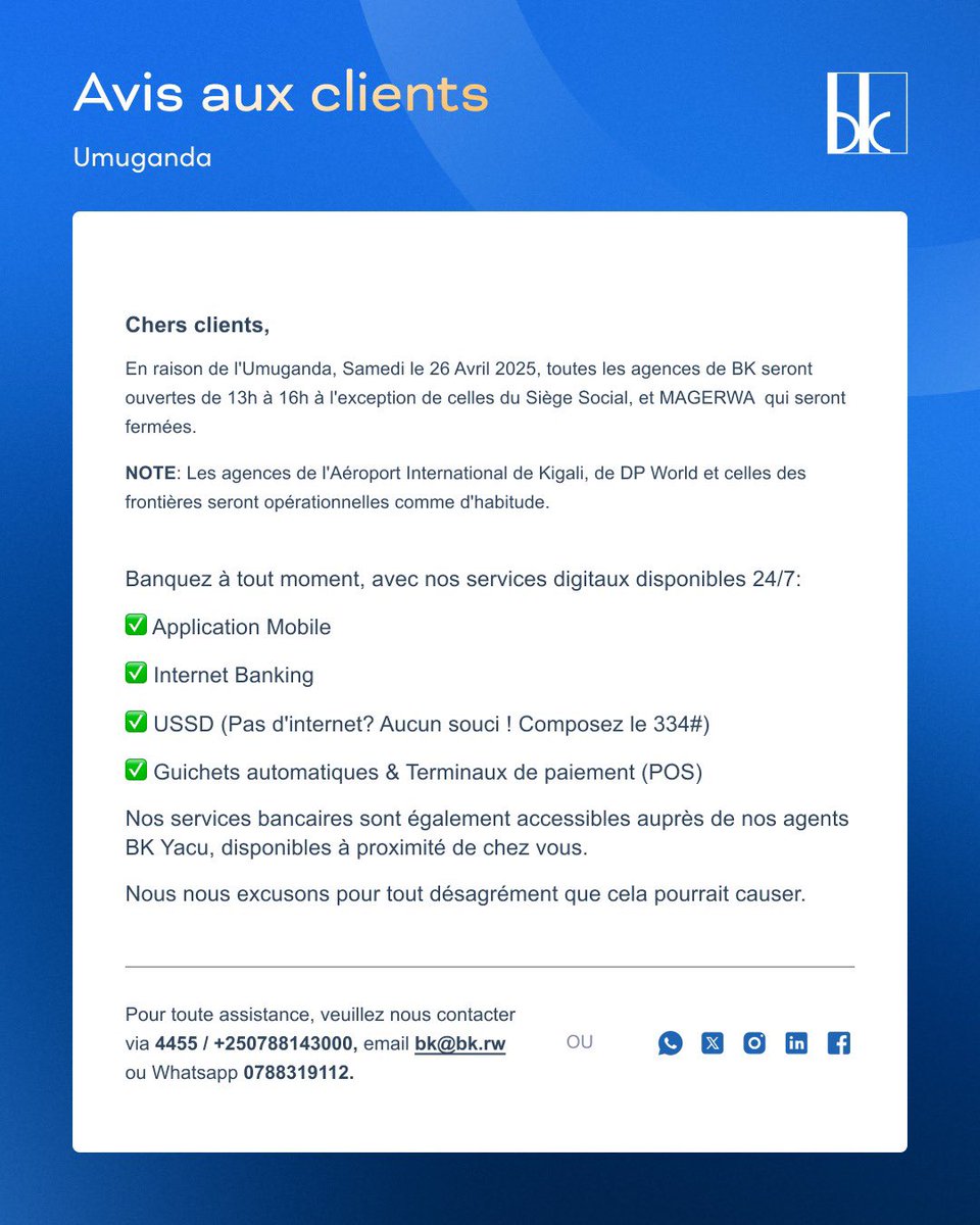 ITANGAZO RIGENEWE ABAKILIYA - NOTICE TO CUSTOMERS - AVIS AUX CLIENTS