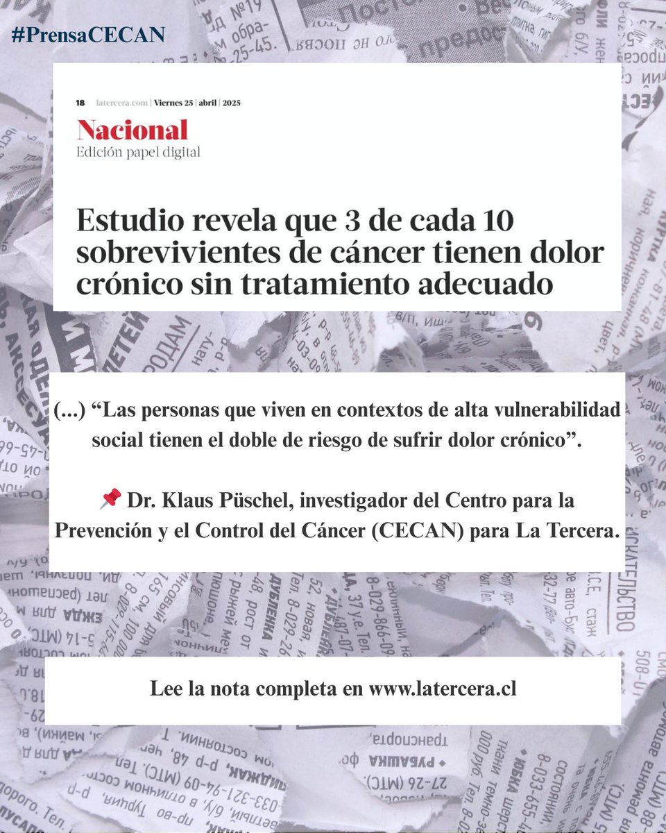 Centro para la Prevención y el Control del Cáncer (@cecan_chile) on Twitter photo 🎗Un estudio CECAN liderado por nuestro investigador Dr. Klaus Püschel, revela que 3 de cada 10 personas sobrevivientes de cáncer en Chile viven con dolor crónico.
Además de dolor, muchas enfrentan depresión, fatiga y un mayor riesgo de enfermedades cardiovasculares
<a href="/latercera/">La Tercera</a> 🎗Un estudio CECAN liderado por nuestro investigador Dr. Klaus Püschel, revela que 3 de cada 10 personas sobrevivientes de cáncer en Chile viven con dolor crónico.
Además de dolor, muchas enfrentan depresión, fatiga y un mayor riesgo de enfermedades cardiovasculares
<a href="/latercera/">La Tercera</a>