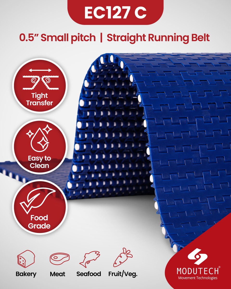 modutechtr's tweet image. Designed for tight transfer and high speed conveyors, EC127 C offers smooth motion with reduced vibration and enhanced wear resistance. Perfectly suited for bakery, meat, seafood, and fresh produce processing.

#Modutech #ModularBelt