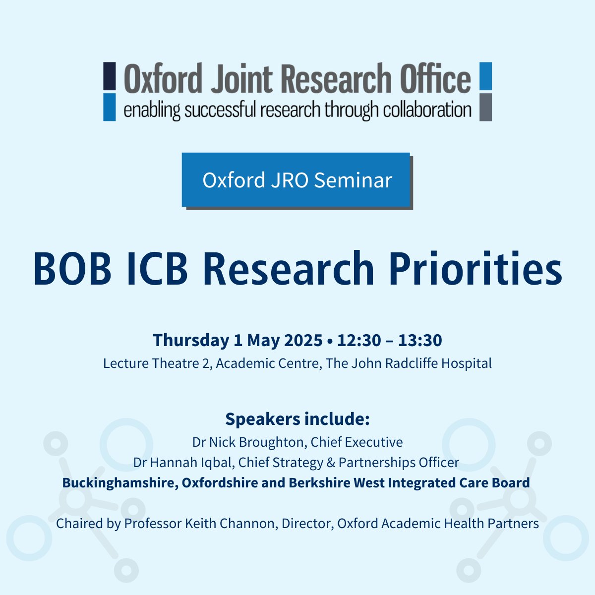 Oxford Academic Health Partners (@ox_ahp) on Twitter photo Have you signed up yet for the next Oxford Joint Research Office Seminar?
Don’t miss the chance to hear firsthand about BOB ICB’s research priorities.
Attend in person and online➡️oahp.org.uk/events/jro-sem…
<a href="/OxfordMedSci/">Medical Sciences</a> <a href="/OUH_Research/">@OUH_research</a> <a href="/brookeshls/">Oxford Brookes HLS</a> <a href="/OxfordHealthNHS/">Oxford Health NHS FT</a> Have you signed up yet for the next Oxford Joint Research Office Seminar?
Don’t miss the chance to hear firsthand about BOB ICB’s research priorities.
Attend in person and online➡️oahp.org.uk/events/jro-sem…
<a href="/OxfordMedSci/">Medical Sciences</a> <a href="/OUH_Research/">@OUH_research</a> <a href="/brookeshls/">Oxford Brookes HLS</a> <a href="/OxfordHealthNHS/">Oxford Health NHS FT</a>