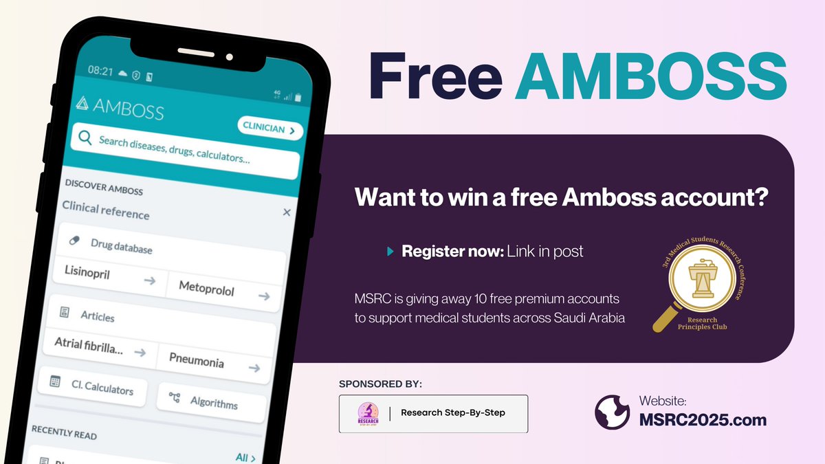 Research Principles Club ๐ (@research__pc) on Twitter photo Want FREE premium access to #AMBOSS? ๐
#MSRC25 is giving away 10 accounts to lucky winners! ๐โจ
๐ฏ How to enter:
1๏ธโฃ Fill out this form: forms.gle/AhJgYQy6nzCioSโฆ
2๏ธโฃ Follow our account
3๏ธโฃ Like this post โค๏ธ
4๏ธโฃ Repost & tag a friend! ๐
Don't miss outโthis is your shot to level Want FREE premium access to #AMBOSS? ๐
#MSRC25 is giving away 10 accounts to lucky winners! ๐โจ
๐ฏ How to enter:
1๏ธโฃ Fill out this form: forms.gle/AhJgYQy6nzCioSโฆ
2๏ธโฃ Follow our account
3๏ธโฃ Like this post โค๏ธ
4๏ธโฃ Repost & tag a friend! ๐
Don't miss outโthis is your shot to level