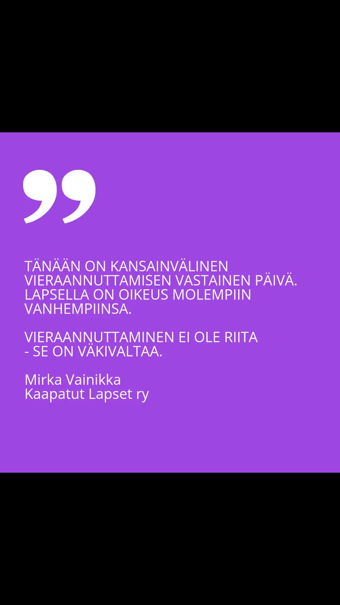 Tänään on kansainvälinen vieraannuttamisen vastainen päivä.

Lue lisää

puheenvuoro.uusisuomi.fi/author/mirkava…

#VieraannuttamisenVastainenPäivä #kaapatutlapset #LapsenOikeudet #Kadonneetlapset