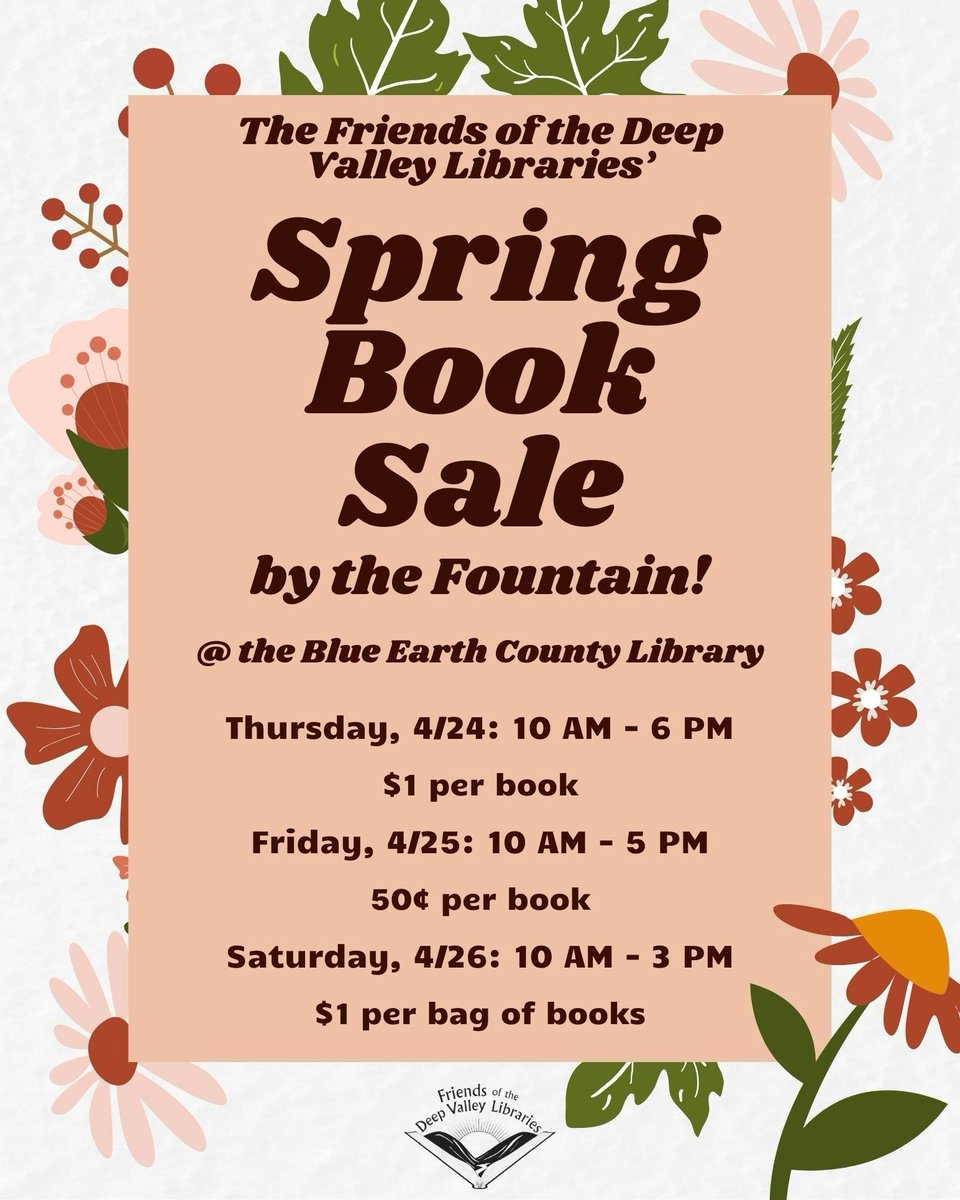🌟 Dive into Day 2 of the Friends of the Deep Valley Libraries' Spring Book Sale! Grab some books for just 50¢ each today from 10 AM - 5 PM.